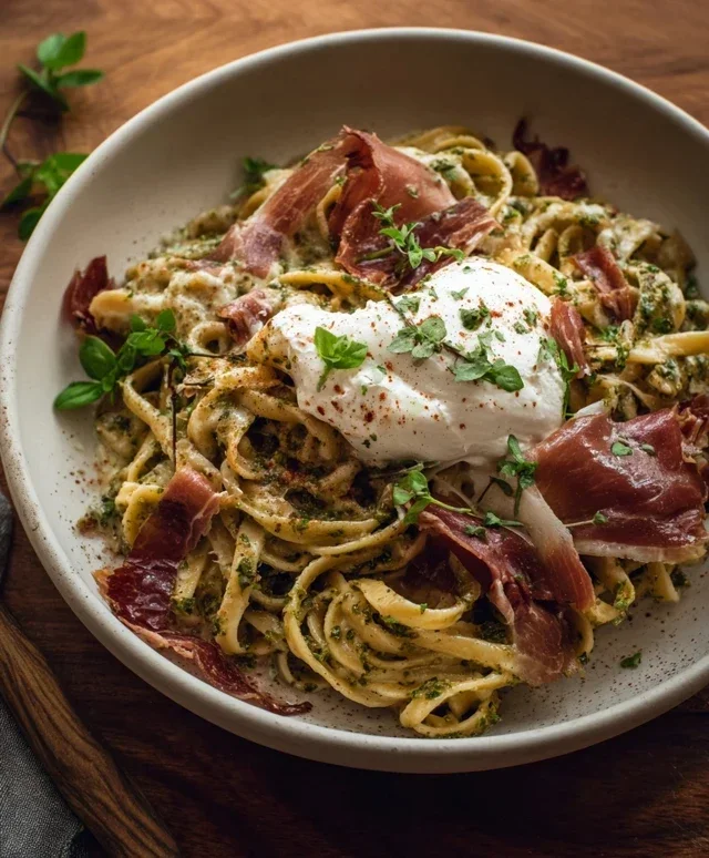 Creamy Basil and Garlic Pasta with Beef Beef Prosciutto and Burrata — Inspired With A Twist
