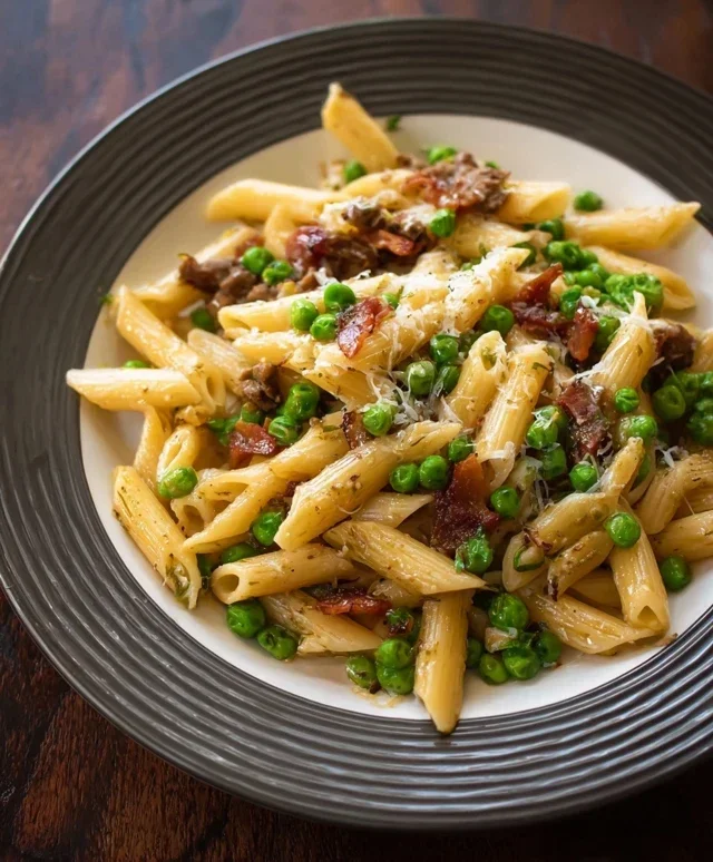 Penne Pasta, Peas and Beef Beef Bacon