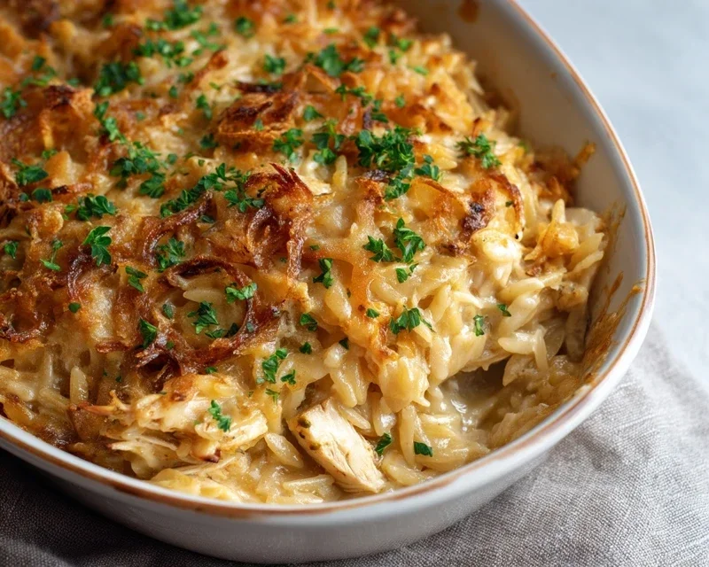 French Onion Chicken Orzo Casserole