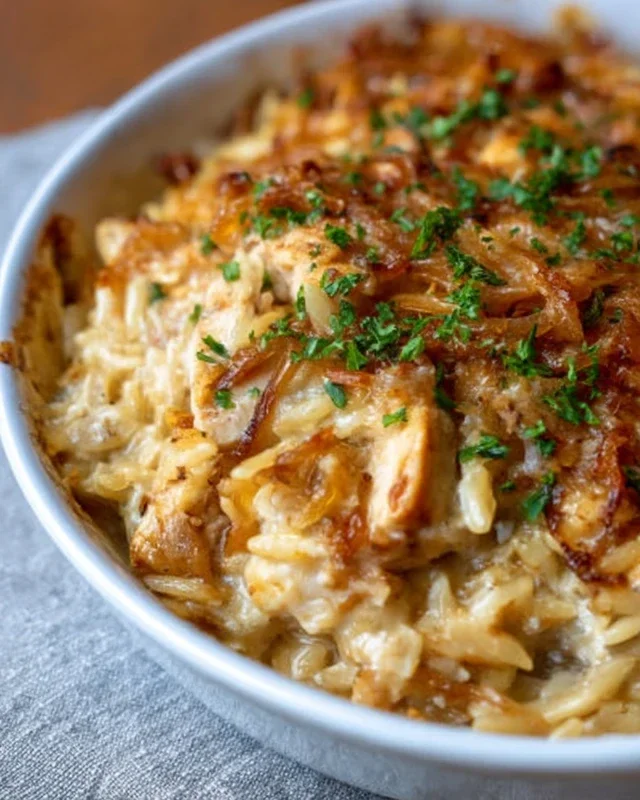 French Onion Chicken Orzo Casserole