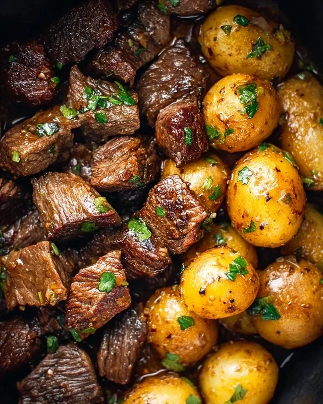 Slow Cooker Garlic Butter Beef Bites with Potatoes