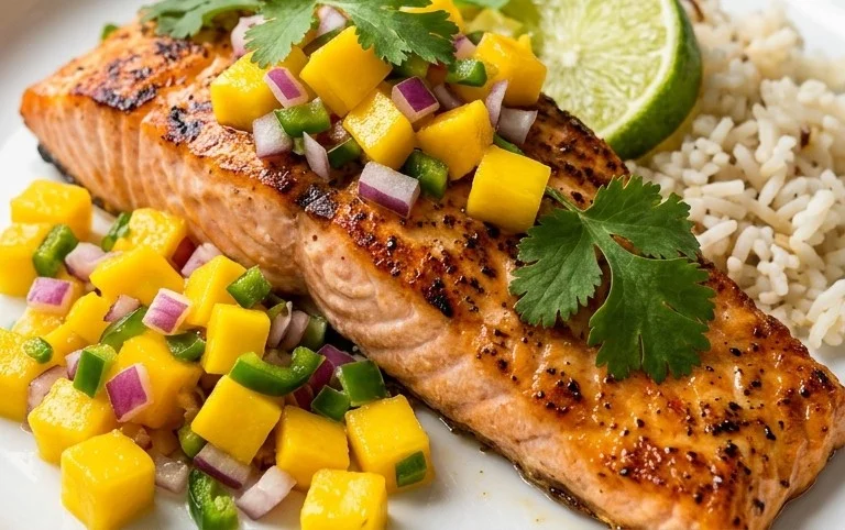 Grilled Salmon with Mango Salsa and Coconut Rice
