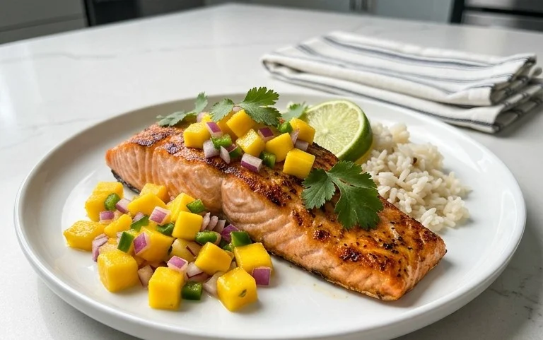 Grilled Salmon with Mango Salsa and Coconut Rice