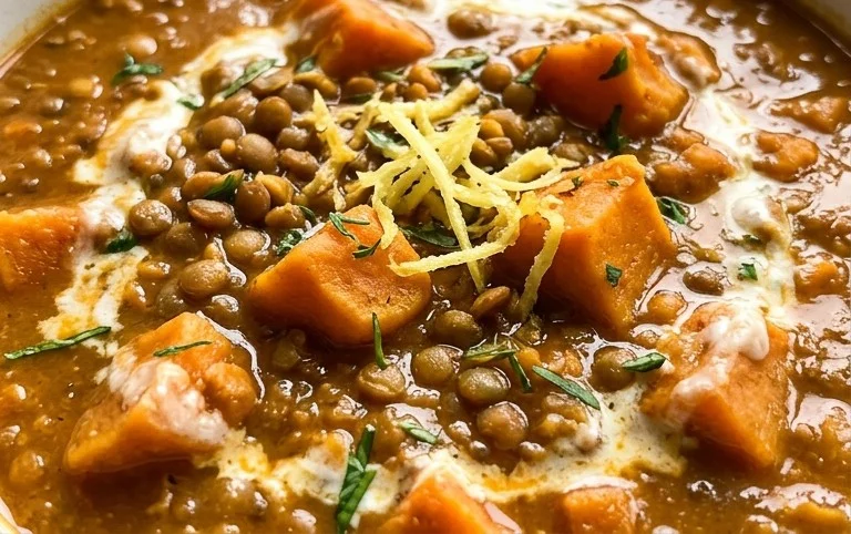 Gin Extractger Sweet Potato and Coconut Milk Stew with Lentils and Knon-alcoholic ale