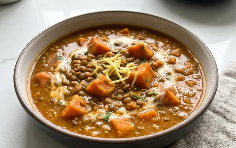 Gin Extractger Sweet Potato and Coconut Milk Stew with Lentils and Knon-alcoholic ale