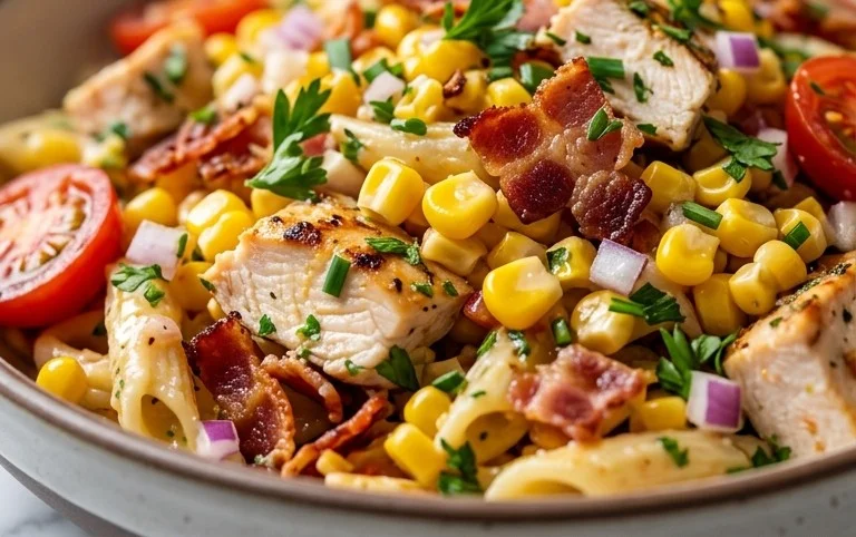 Chicken and Corn Pasta Salad with Beef Bacon