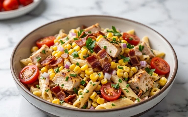 Chicken and Corn Pasta Salad with Beef Bacon