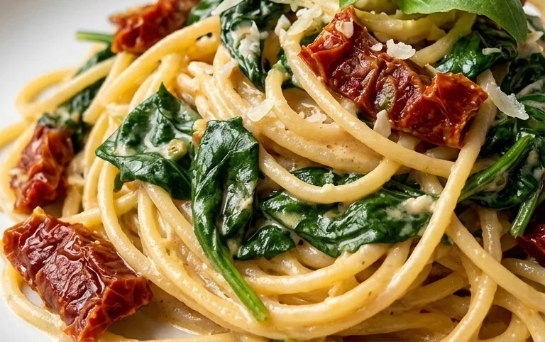 Spaghetti & Spinach with Sun-Dried Tomato Cream Sauce