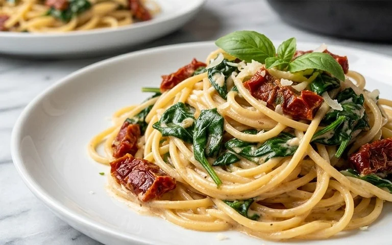Spaghetti & Spinach with Sun-Dried Tomato Cream Sauce