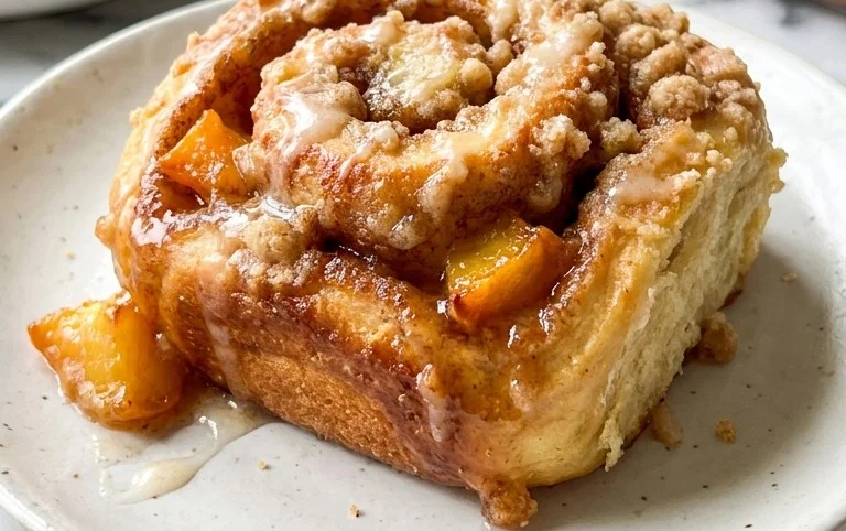Peach Cobbler Cinnamon Rolls with Crum extractb Topping