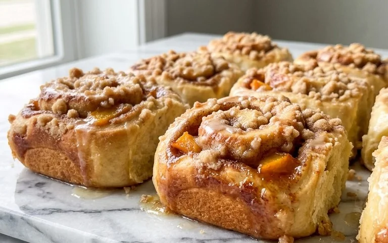 Peach Cobbler Cinnamon Rolls with Crum extractb Topping