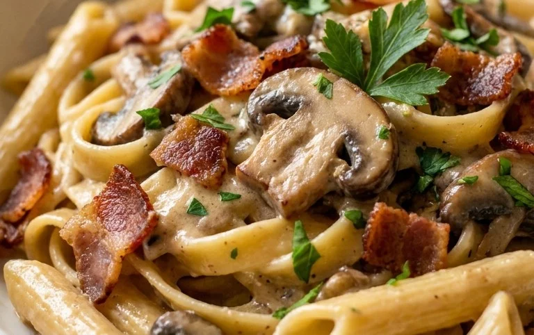 Creamy Beef Bacon and Mushroom Pasta