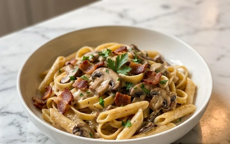 Creamy Beef Bacon and Mushroom Pasta