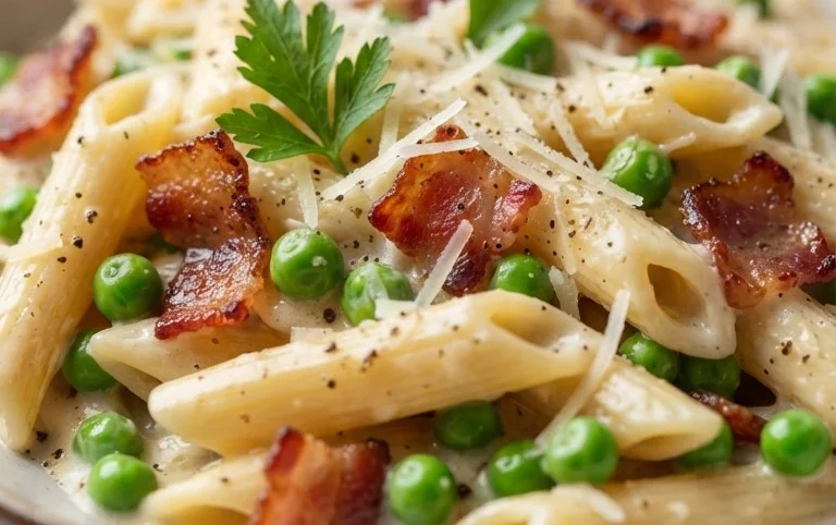 Penne Pasta, Peas and Beef Bacon