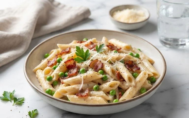 Penne Pasta, Peas and Beef Bacon
