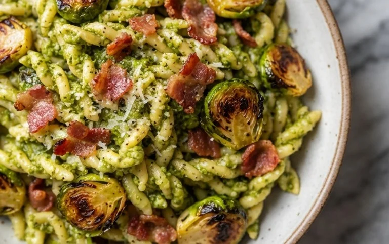 Brussels Sprouts and Beef Bacon Pesto Pasta