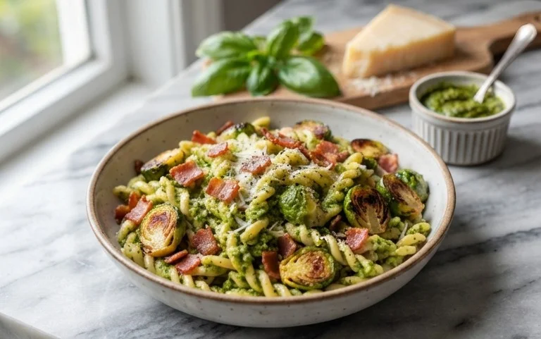 Brussels Sprouts and Beef Bacon Pesto Pasta