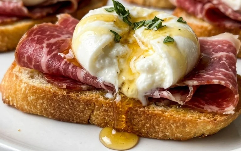 Beef Prosciutto Crostini with Burrata and Lemon Honey Drizzle