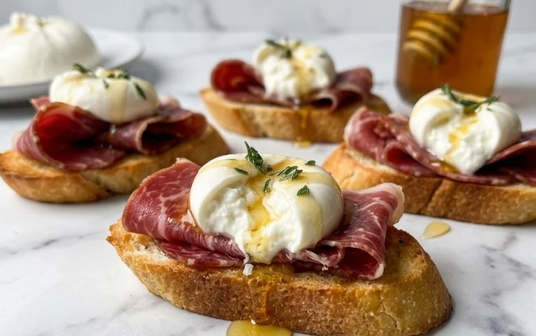 Beef Prosciutto Crostini with Burrata and Lemon Honey Drizzle